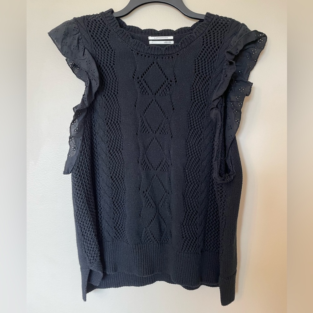By Anthropologie Lacey Eyelet sweater cap sleeve Ruffle knit Black Size Large